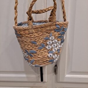 Most Wanted Woven Natural Straw Tote with Blue White Floral Embroidered Accents